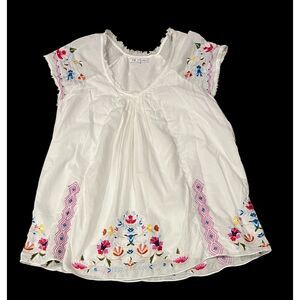 3J Workshop JOHNNY WAS White BOHO Floral Flowy Lined Top Tunic Blouse Sz S